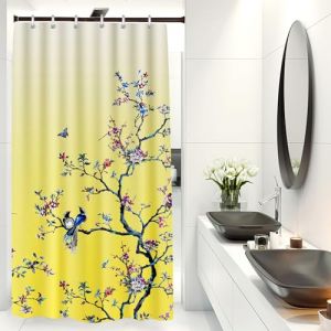 LIVETTY Rideau de douche &agrave; motifs d'oiseaux jaunes 90 x 180 cm R&eacute;sistant &agrave; la moisissure en tissu papillon pour salle de bain pour femmes et hommes avec 12 crochets Rideau lavable &agrave; s&eacute;chage rapide (TITITIRUI, neuf)