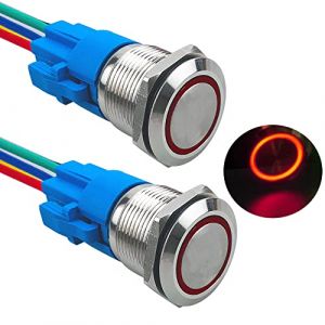 Aiqeer 2 Pièces 19 mm Commutateur Bouton-Poussoir Momentané, 12V / 24V 5A Interrupteur à Bouton-Poussoir en Acier Inoxydable Étanche IP67, avec Prise Pré-Câblée (LED Rouge) (Aiqeer-FR, neuf)