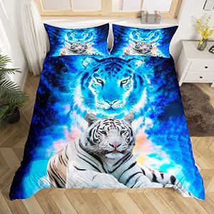 Tigre imprimé Housse de Couette thème de la faune Parure de Lit bleu Galaxy literie set Enfants Adultes Animaux Sauvages Safari chat imprimé Housse de Couette 140x200cm doux décoration de chambre (Bofanshangmao, neuf)