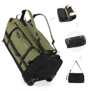 Vomgomfom 86L Sac de Voyage Pliable sur roulettes, Sac &agrave; Dos &agrave; roulettes imperm&eacute;able avec Fond matelass&eacute;, Vert arm&eacute;e (Wangfeng Bag, neuf)