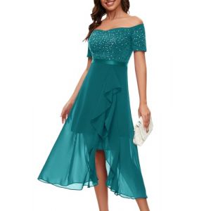 Berylove Robe de soirée longue à paillettes pour femme - Robe de cocktail élégante pour mariage - Robe à épaules dénudées - Robe de bal, Vert paon, XXL (Berylove, neuf)