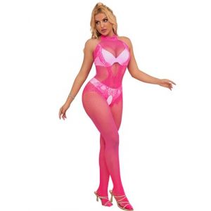 comeondear Bodystocking Ouverte Entrejambe &Eacute;rotique Grande Taille Femme R&eacute;sille Body Sexy Lingerie Tenue Bas Fishnet Bodysuit sous-V&ecirc;tements Feminins Combinaison Teddy Rose,3XL-5XL (ComeonDear, neuf)