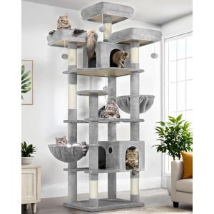Globlazer Arbre a Chat XXL 209 cm avec 3 Perchoirs Rembourr&eacute;s, 2 Niches, Grand Plateformes, 2 Paniers, Jouets en Peluche, &eacute;norme Arbres a Chats Stable pour 3-5 Chats Int&eacute;rieur (F82, Gris Clair) (Globlazer For Your Pet, neuf)