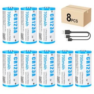 Lot de 8 piles au lithium CR123A 3 V rechargeables par USB, jusqu'à 3000 cycles avec port de charge USB-C, charge rapide en 2 heures, batterie 123 A 700 mAh pour serrure de porte, empreintes digitales (HITRENDS-FR, neuf)