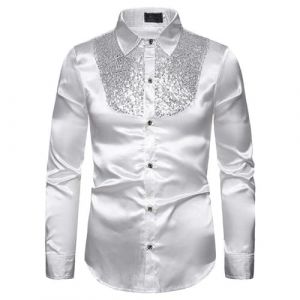 Chemise &agrave; Paillettes pour Homme en Satin de Soie Brillante Disco Party Chemise Veste Tops 2025 Nouvelles Chemises Chemise &agrave; Paillettes Slim Hauts Classique Chemise Chemise Brillante Manches Longues (Beythetly, neuf)
