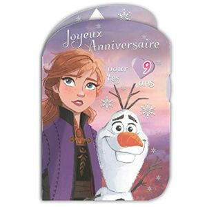 190854 Carte &acirc;ge de 3 &agrave; 9 ans Joyeux Anniversaire pour tes ?Ans Disque Roulette en papier Disney Frozen La reine des neiges Elsa Princesse Anna bonhomme de neige Olaf - Enveloppe violette 12x17,5cm (A.F.W., neuf)