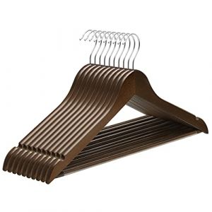SONGMICS Cintre Bois, Lot de 10, avec Encoches Antiglisse, Barre Antiglisse pour Pantalons, Crochet Pivotant 360°, pour Costumes, Chemises, Manteaux, Brou de Noix et Argent CRW001V01 (Globalport, neuf)