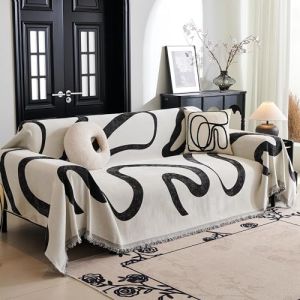 MYSKY HOME Housse de canap&eacute; en chenille - Style boh&egrave;me - Jacquard - 2/3/4 places - Avec pompons d&eacute;coratifs - Moderne - 180 x 300 cm - Courbe noire (Ulanju e-commerce, neuf)
