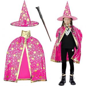 FainFun Chapeau et Cape Magicien, Cape de Sorcière avec Chapeau, Cape de Magicien Enfant, Enfant Cape de Citrouille Halloween, Manteau de Sorcière, Wizard Cape (Rouge 2) (JUNQIAN, neuf)