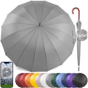 Royal Walk Parapluie Automatique pour Homme et Femme Résistant aux Vent, Solide, Anti Tempete, XXL Grand Taille' Parapluie Canne De Golf Pour 2 Personnes, Poignée en Bois 16 Baleines 120 cm (Gris) (Primazоn, neuf)