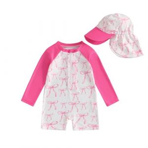 HodJIU Maillot de Bain Bébé Fille Anti-UV Combinaison Natation Piscine à Manches Longues + Chapeau de Bain Ensemble Swimwear Nouveau-né (Rose Nœud Papillon, 12_months-24_Months) (Haikouxunchuanhandianzishangwuyouxiangongsi, neuf)