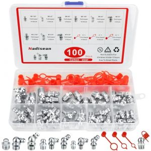 Nadisean 100 Pièce Graisseur m6 m8 m10, Nickelé Filetage Mâle Graisseurs 45°90°180°, Assortiment de Graisseurs avec Couvercle & Boîte en Plastique, Raccords de Graisse pour Équipement Mécanique (Shengen, neuf)