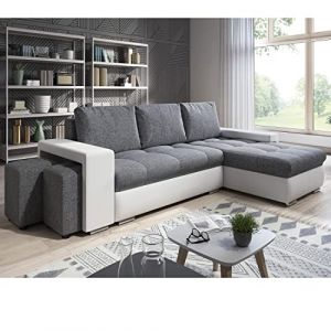 lestockdesign Canap&eacute; d'angle Simon 255 cm - Convertible et r&eacute;versible avec Coffre - 3 Places - Simili Blanc/Tissu Gris + 2 poufs (vente-palatine, neuf)