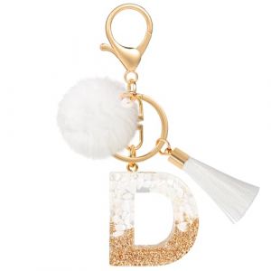 MWOOT Porte Clé Lettre D Peluche Tassel, Initial Résine Personnalisé Keychain Or Blanc, Porte Clef Lettre Pendentif Décoratif, Kawaii Porte Clef Voiture Charm, Idee Cadeau D'Anniversaire pour Femme (vetpw, neuf)
