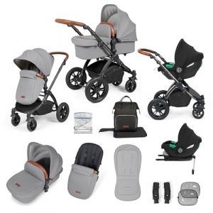 Poussette Tout-Terrain 12pcs Ickle Bubba Stomp Luxe – Système de Voyage 3 en 1 avec Siège Auto i-Size Cirrus + Base ISOFIX – Siège Réversible, Landau & Accessoires (Noir/Gris perle/Beige) (Ickle Bubba FR, neuf)