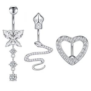 Mayhoop Piercing Nombril Acier Chirurgical Coeur Serpent Papillon CZ Inversé Piercing Nombril Naval Piercing Nombril pour Femmes 16G 10mm Argent 3Pièces (Mayhoop, neuf)