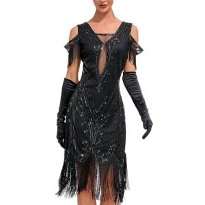 KBOPLEMQ Costume Gatsby Femme - Robe Vintage Années 1920 Charleston à Paillettes - Ourlet à Pompons - Cocktail, Bal de Fin d'Année, Soirée (VISNA, neuf)
