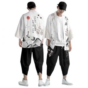 YOSUWOAI Ensemble Kimono Traditionnel Homme Kimono D&eacute;contract&eacute; Yukata Costume Style Japonais Anime Kimono Traditionnel Imprim&eacute; Cardigan Pantalons Ensembles Veste Fine Veste Japonaise En Maille Costume (LDeianp, neuf)