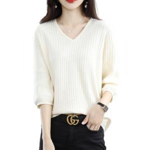Pull &agrave; manches 3/4 pour femme, col en V, tunique l&eacute;g&egrave;re et d&eacute;contract&eacute;e, 100 % coton, beige, Taille XL (ailaile cashmere, neuf)