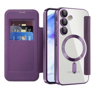 QIWEIQING Coque Magn&eacute;tique pour Samsung Galaxy A55 5G Etui Compatible avec MagSafe, Dos Transparente Anti-Choc Anti-Rayures Flip &Eacute;tui en Cuir Housse Case pour Samsung Galaxy A55 5G. Violet JDC (QIWEIQING, neuf)