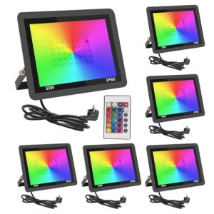Fosingut RGB Projecteur LED Extérieur 50W,Spot LED Couleur avec Télécommande,16 Couleurs 4 Modes Dimmable Éclairage Extérieur Murale,Étanche IP66 Luminaire Jardin pour Cour,Terrasse,Noël,Fêtes DJ-6pcs (Teyinuo Lighting, neuf)