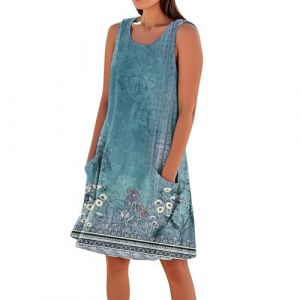 Robe Femme Chic Et Elegant Grande Taille &Eacute;t&eacute; Robe Chemise Lin Courte Col Rond Vetement Femme Ete Fluide Boheme sans Manches Summer Dress Vente Flash du Jour Et Soldes Cyan M (⭐⭐⭐⭐⭐DUIGUN（Livraison 5-14 jours）, neuf)