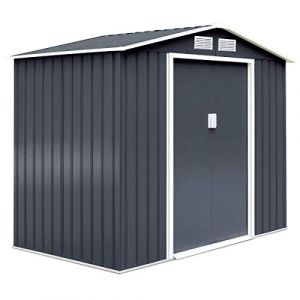 GOPLUS 2,7㎡ Abri de Jardin Métal avec Base, Cabine de Jardin Extérieur 2 Portes Coulissantes avec 2 Fenêtres de Ventilation pour Stockage Outils, Vélo, Toit à Pignon, 213 x 127 x 185 cm, Gris (Augenstern24, neuf)