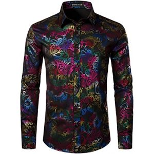 PARKLEES Chemise de luxe pour homme, imprim&eacute; &eacute;l&eacute;gant, coupe ajust&eacute;e, boutonn&eacute;e Motif cachemire dor&eacute; brillant, S (PARKLEES, neuf)