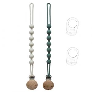 2 Pi&egrave;ces Attache Tetine Silicone et 2 adaptateurs pour sucettes, Accroche T&eacute;tine Bebe, sans BPA, pour Gar&ccedil;ons et Filles Pacifier Chain Cha&icirc;ne (vert et blanc) (Hunanjianan, neuf)