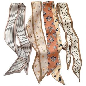 Lot de 4 Foulards Cheveux Femme en Satin,Foulard Cou pour Robe ou Sac à Main,Accessoires Mode pour Coiffure ou Poignée de Sac,Motifs Liberty,Rayures ou Floraux,Foulards Femme Chic et Polyvalents（86cm） (HYHL, neuf)