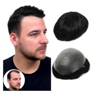 Perruques pour hommes r&eacute;alistes Toupet &agrave; peau Super fine for hommes, syst&egrave;me capillaire Ultra fin de 0.06mm, cheveux humains, noir, brun, blond, gris Morceau de cheveux pour hommes(80% gray hair,7x9) (LIUXIANJU, neuf)