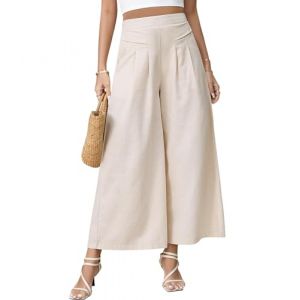 PASUDA Pantalon Femme &Eacute;t&eacute; 7/8 Lin Pantalons Fluide Large Taille Haute Elastique Pantacourt Grande Pantacourt avec Poches Ample Wide Leg Longueur Pants &Eacute;vas&eacute; D&eacute;contract&eacute;e (Beige, XXL) (Amutoo, neuf)