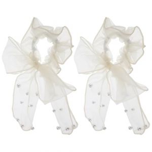 DECORNIJIA Lot de 2 &Eacute;lastiques &agrave; Cheveux en Maille Organza Beige N&oelig;ud &agrave; Pois et Perles Pompons Grosse &Eacute;lasticit&eacute; Accessoires pour Femmes et Filles pour Queue de Cheval et Chignon Style (ZhiLight, neuf)