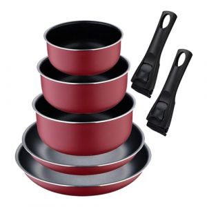 Set de 2 po&ecirc;les &Oslash;22&Oslash;26cm avec manche amovible + 3 casseroles &Oslash;16&Oslash;18&Oslash;20cm avec manche amovible - en aluminium press&eacute; couleur rouge Click&Cook Bergner (Brandsonline1, neuf)