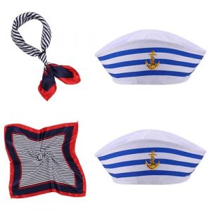 GWAWG 4pi&egrave;ces Ensemble de Costume Capitaine Marin, Chapeau et &Eacute;charpe de Marin &agrave; Rayures, Casquette de Navire, Accessoires de Robe Bleu Marine pour Femmes et Hommes (GWAWG, neuf)