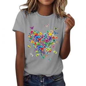 Tee Shirt Femme Coton T Shirts Blanc Imprimante Pas Cher T-Shirt &Agrave; Manches Courtes Col Rond Tunique avec Motif Papillons Grande Taille Tops Chemises (Ama2om, neuf)