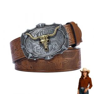 Menibeuty Ceinture Cowboy Homme, Ceinture &Agrave; Boucle De Cow-Boy En Cuir Occidental Pour Hommes, Femmes, Jeans, Ceinture &Agrave; Boucle Florale Grav&eacute;e Longhorn Bull Texas (120cm) (liuaojuntxkjf, neuf)