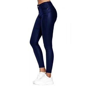 Onsoyours Slim Pantalon pour Femmes en Cuir Sexy Skinny Stretch Slim Leggings Taille Haute Elastique PU Cuir Pantalon Bleu XL (Zeigood Mode, neuf)