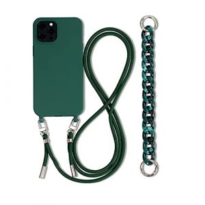 Emlivi Coque cha&icirc;ne de t&eacute;l&eacute;phone Compatible avec iPhone 14 TPU &eacute;tui pour t&eacute;l&eacute;phone 3 en 1 Bracelet Lanyard Coque en Silicone Souple avec Collier De Perles Coque pour iPhone 14, Vert Militaire (Emlivi, neuf)