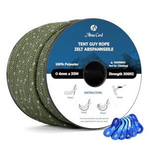 Abma Cord 30M Corde de Tente Réfléchissante 4mm Tendeur Corde avec 6 Pcs Ajusteur en Aluminium pour Camping - Max. 300kg - Réfléchissante Vert Militaire (Abma Cord EU, neuf)