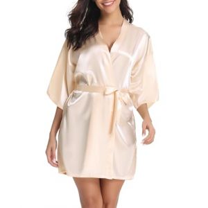 Vlazom Kimono Femme Satin Mariage Bridesmaid Peignoir Manche Courte Peignoir Robe de Soir&eacute;e de Mariage，Beige，XXL (Vlazom, neuf)