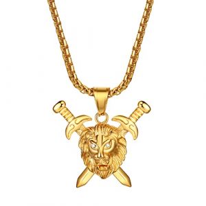 OIDEA Collier en Acier Inox pour Hommes-Tête de Lion Double épées Collier Pendentif en Acier Inox-Placage-Viking Collier (Oidea Jewellery, neuf)