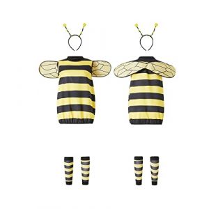XIXIMAON Déguisement Abeille Adulte Enfant Costume d'Abeille 4 Pièces Robe Rayée + Ailes + Serre-Tête+ Bas Costumes Cosplay pour Halloween Carnaval Fête (Fille, 5-6 ans) (qiyuesheng, neuf)