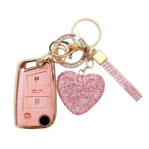 ZVRSUA Coque de Clé de Voiture pour VW Clés de Voiture avec Porte-Clés Diamant Cœur,Étui Clé Voiture Compatible avec VW Golf 7 Mk7 Polo Jetta Tiguan Touran Seat Leon Fabia Ibiza Skoda (Rose) (SENBAODZ, neuf)