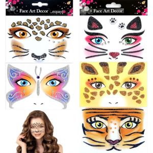 EUPSIIU 5 Pièces Autocollant Face Art, Animaux Autocollant Tatouage de Visage pour Adultes Enfants, Léopard Chat Papillons Girafe Tigre Tatouages Temporaires pour Halloween Animaux Déguisement (5PCS) (LINJIE EU, neuf)
