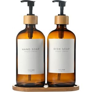 MaisoNovo Lot Distributeur Liquide Vaisselle &ndash; Distributeur Savon Verre avec Pompe - Pompe Noir Bambou Ambr&eacute; 500 ML - Distributeur Savon Salle de Bain - Lot de 2 avec Plateau (Maisonovo, neuf)