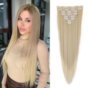Dcbaboo Postiche Extension Cheveux Naturel Clip Lisse Extension a Clip Cheveux Naturel Raides Longue 8PCS Rajout Cheveux Extension de Cheveux a Clip Synthétique, Blond naturel Ombre Blond décoloré (Dcbaboo, neuf)
