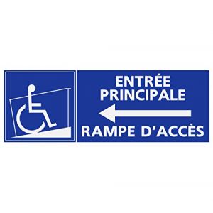 Panneau PVC Handicapé - Personne à mobilité réduite rampe d’accès entrée principale flèche gauche 18x6cm épaisseur 5mm (SupStick, neuf)