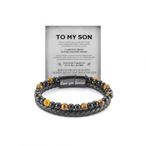 Bracelet homme &oelig;il de tigre et cuir noir &ndash; bracelet personnalis&eacute; homme avec gravure "Love You Forever" &ndash; Bracelet porte-bonheur offert par une m&egrave;re &agrave; son fils, Emballage de bo&icirc;te &agrave; bijoux exquis (STUG, neuf)