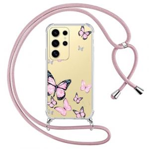 Yoedge Coque avec Cordon pour Samsung Galaxy S25 Ultra 5G 6,8", Collier &Eacute;tui Transparente Aesthetic Motif Papillon Filles Case, Silicone TPU + PC Antichoc Housse Tour de Cou Laniere Corde Cover, 04 (Somin Ivka EU, neuf)